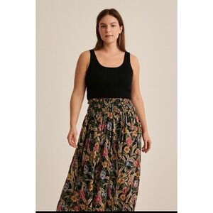 Dennis Goldsmith Floral Maxi Skirt Smocked Waist Black Pink Blue Size 4‎